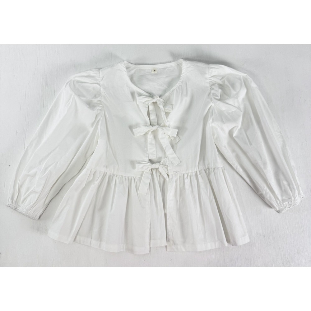 Cotton White 3/4 Puff Sleeve Top Open Front Tie Detail Peplum Peasant Coastal S
